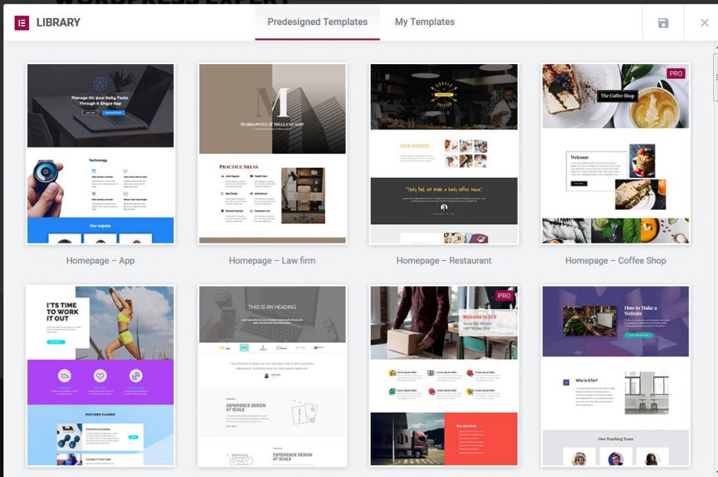 Elementor Visual Editor comes with 60 pre-defined Temapltes for your pages