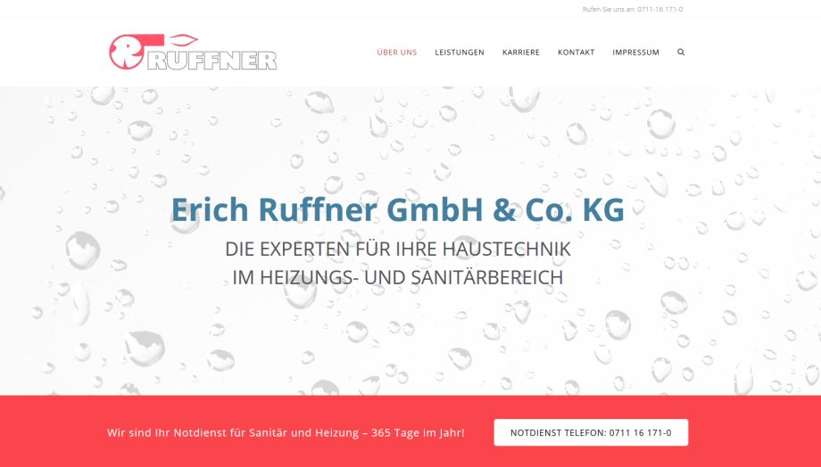 Screenshot der Homepage für die Erich Ruffner GbH in Leinfelden-Echterdingen
