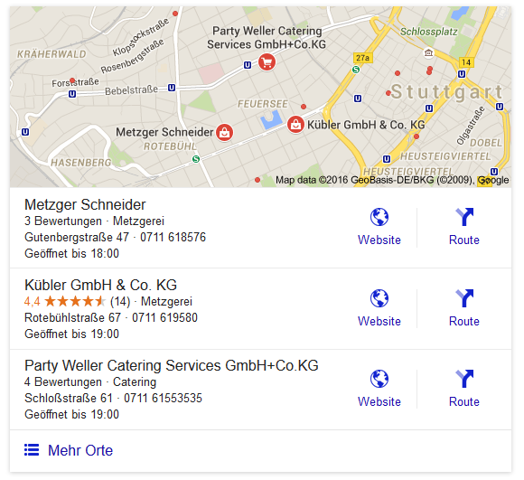 Screenshot des Ergebnisses einer Local Search mit dem Keyword Metzgerei