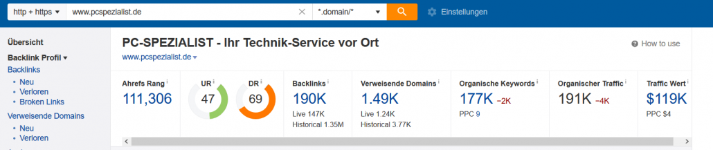 Übersicht der Domain pcspezialist.de in Ahrefs